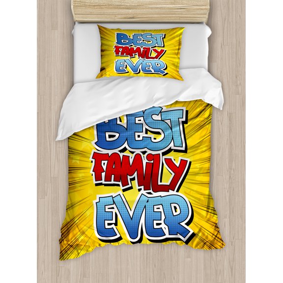 Family Duvet Cover Set, Comic Book Style Best Family Ever Words on Abstract Cartoon Backdrop Graphic, Decorative 2 Piece Bedding Set with 1 Pillow Shams, Twin Size, Blue Red Yellow, by Ambesonne