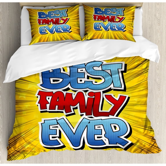 Family Duvet Cover Set, Comic Book Style Best Family Ever Words on Abstract Cartoon Backdrop Graphic, Decorative 3 Piece Bedding Set with 2 Pillow Shams, Queen Size, Blue Red Yellow, by Ambesonne
