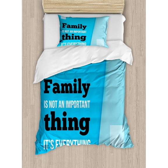 Family Duvet Cover Set, Family is Everything in Writing Marks Inspirational Phrase Modern Design, Decorative 2 Piece Bedding Set with 1 Pillow Shams, Twin Size, Turquoise Blue Black, by Ambesonne