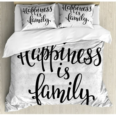 Family Duvet Cover Set, Happiness is Family Hand Writing Inspirational Phrase Simple Nature Backdrop, Decorative 3 Piece Bedding Set with 2 Pillow Shams, Calking Size, Black Grey, by Ambesonne