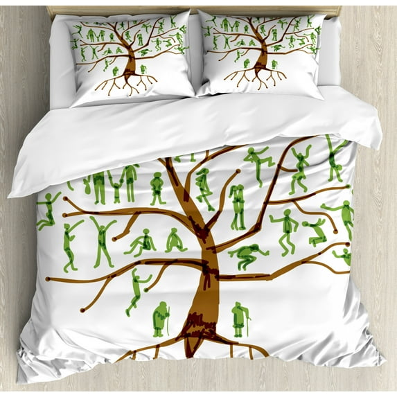 Family Duvet Cover Set King Size, Abstract Family Tree Relatives Green People Silhouettes Origins Theme, Decorative 3 Piece Bedding Set with 2 Pillow Shams, Brown Green and White, by Ambesonne