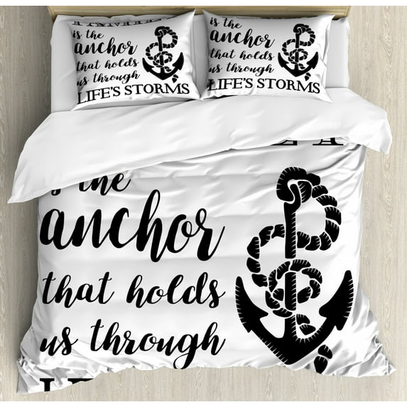 Family Duvet Cover Set King Size, Family is Anchor That Holds Us Inspiration Stylized Writing Anchor with Rope, Decorative 3 Piece Bedding Set with 2 Pillow Shams, Black and White, by Ambesonne