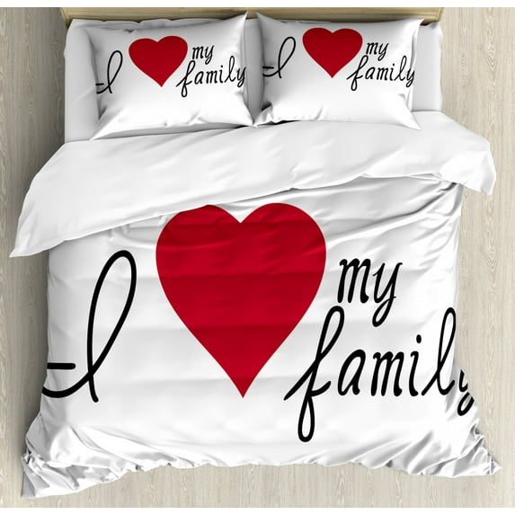 Family Duvet Cover Set King Size, I Love My Family Hand-written Calligraphy Positive Words Heart, Decorative 3 Piece Bedding Set with 2 Pillow Shams, Vermilion and Charcoal Grey, by Ambesonne