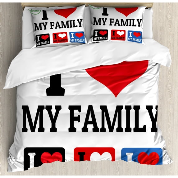 Family Duvet Cover Set King Size, Signs and Labels I Love My Family Emblems Stamp Colorful Retro Classic Composition, Decorative 3 Piece Bedding Set with 2 Pillow Shams, Multicolor, by Ambesonne