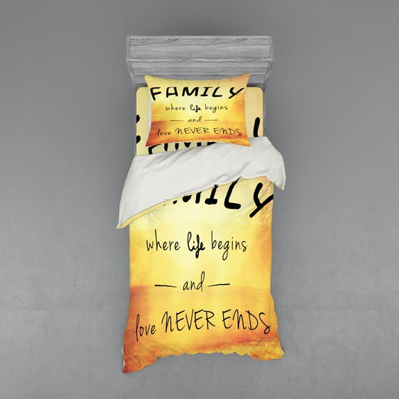 Family Duvet Cover Set, Message About Family Life and Love on Dreamy Backdrop Wisdom, Bedding Set with Shams and Fitted Sheet, 3 Sizes, by Ambesonne