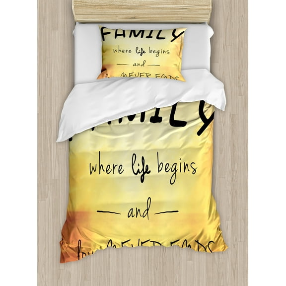 Family Duvet Cover Set, Message About Family Life and Love on Dreamy Backdrop Wisdom, Decorative 2 Piece Bedding Set with 1 Pillow Shams, Twin Size, Yellow Marigold Black, by Ambesonne