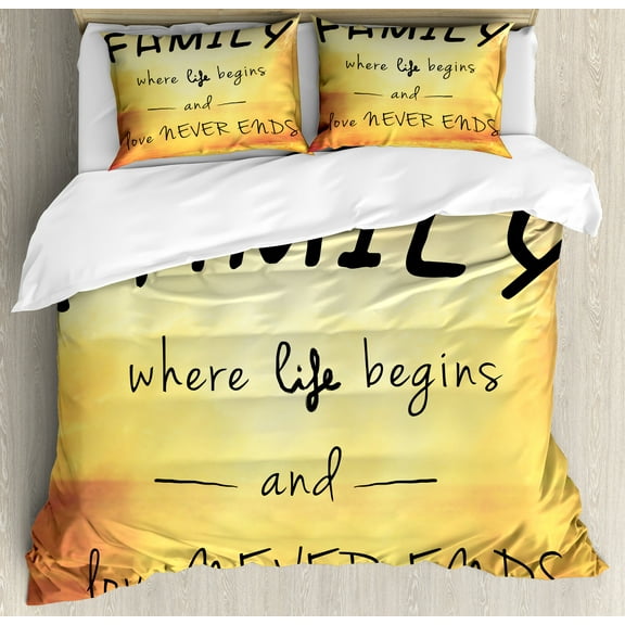 Family Duvet Cover Set, Message About Family Life and Love on Dreamy Backdrop Wisdom, Decorative 3 Piece Bedding Set with 2 Pillow Shams, Queen Size, Yellow Marigold Black, by Ambesonne