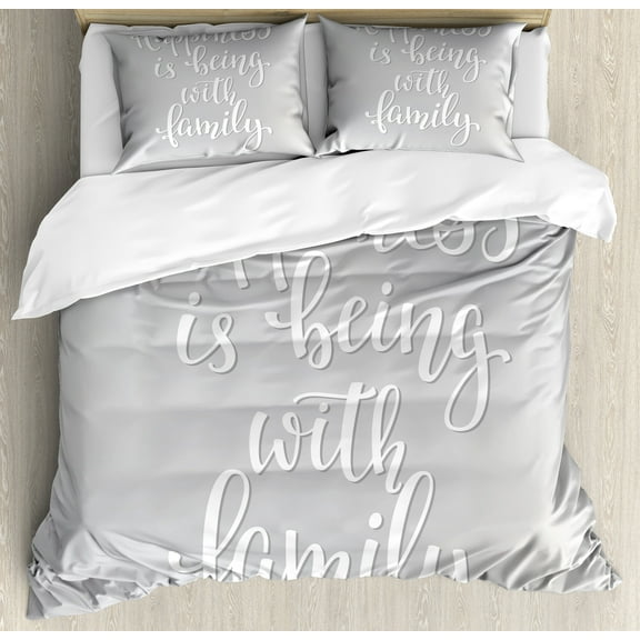 Family Duvet Cover Set, Positive Family Themed Message Happiness Hand Writing Calligraphy Inspiration, Decorative 3 Piece Bedding Set with 2 Pillow Shams, Calking Size, Pale Grey White, by Ambesonne