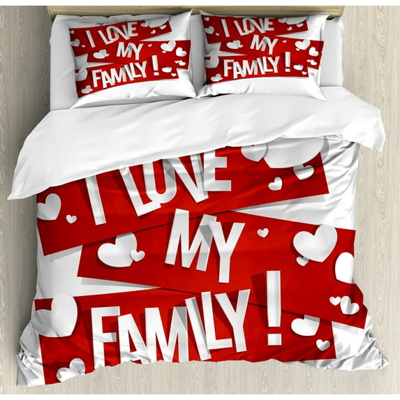 Family Duvet Cover Set, Red Banners with Family Love Message and White Hearts Passionate Illustration, Decorative 3 Piece Bedding Set with 2 Pillow Shams, Queen Size, Orange White, by Ambesonne