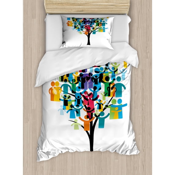Family Duvet Cover Set Twin Size, Abstract and Colorful Showing Happy Peoples Designed as the Leaves of a Tree, Decorative 2 Piece Bedding Set with 1 Pillow Sham, Multicolor, by Ambesonne