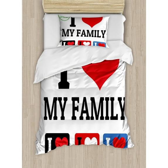 Family Duvet Cover Set Twin Size, Signs and Labels I Love My Family Emblems Stamp Colorful Retro Classic Composition, Decorative 2 Piece Bedding Set with 1 Pillow Sham, Multicolor, by Ambesonne