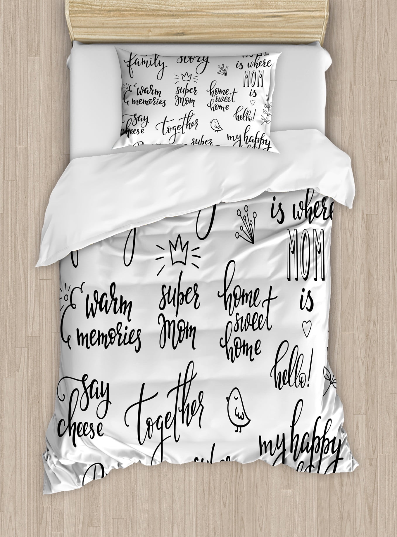 Family Duvet Cover Set, Various Calligraphy Family Lettering Set Birds ...
