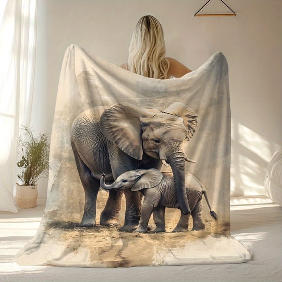 Family Elephants Print Flannel Blanket Soft Warm All Season Throw for Camping Travel Car Home Decor Contemporary Style Commemorative Gift for Unforgettable Moments Elephant Gifts
