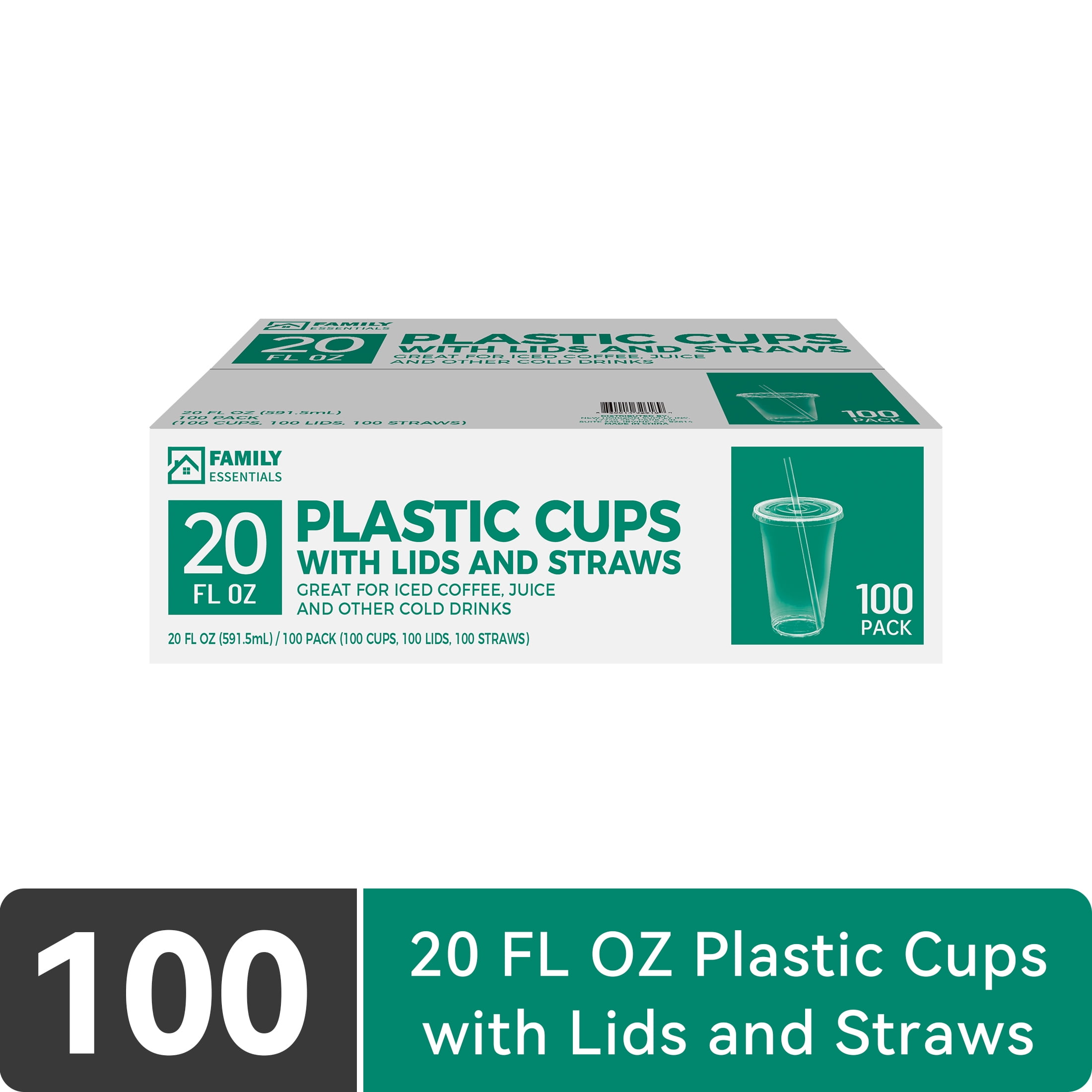 Family Essentials 100 Pack 20 Fl oz Clear Plastic Cups with Lids and Straws, Disposable To-Go Cups for Iced Coffee, Smoothies & Cold Drinks