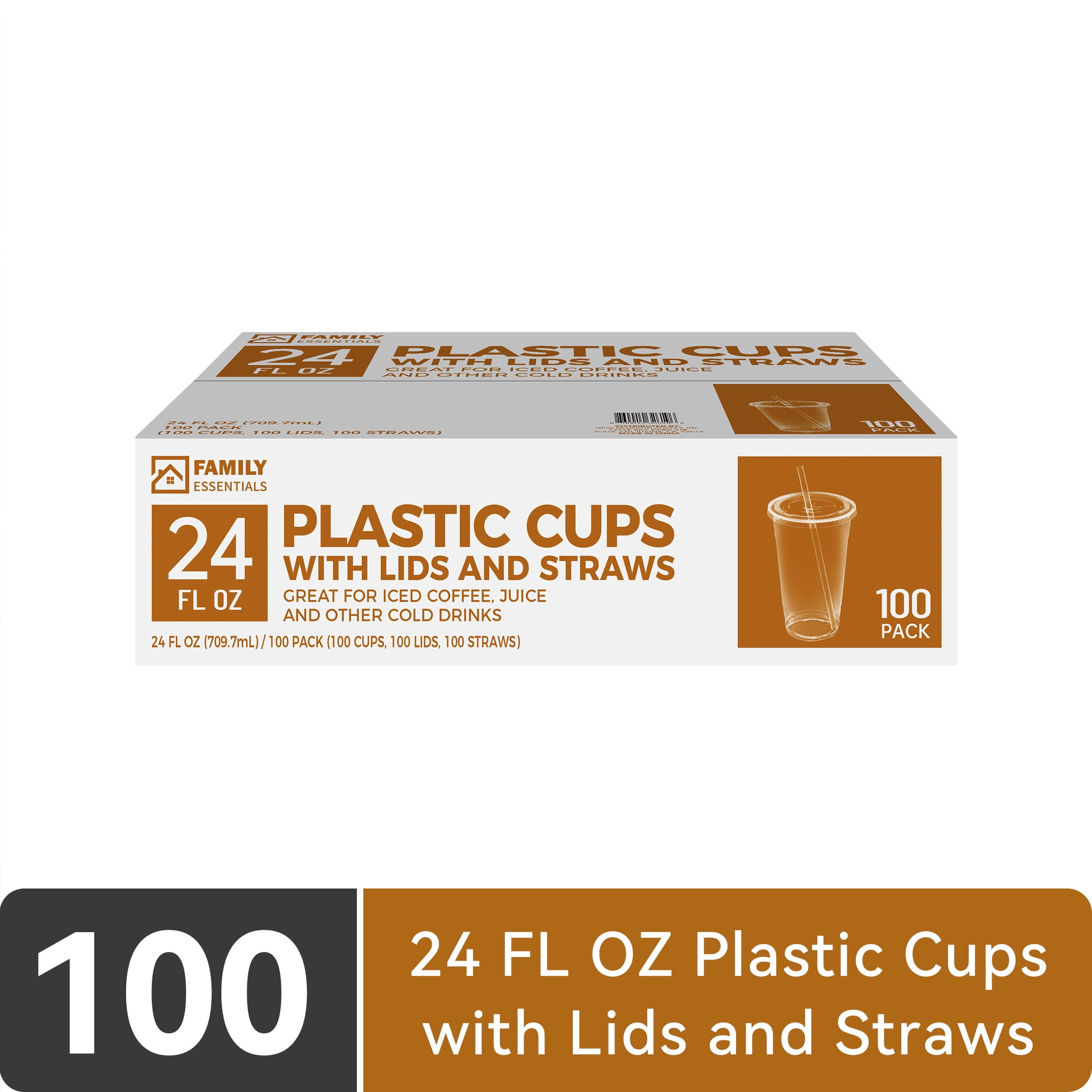 Family Essentials 100 Pack 24 Fl Oz Clear Plastic Cups with Lids and Straws, Disposable To-Go Cups for Iced Coffee, Smoothies & Cold Drinks