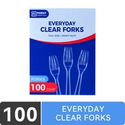 Family Essentials Everyday Clear Plastic Forks, Heavy Duty Full-Size Disposable Forks, 100 Count