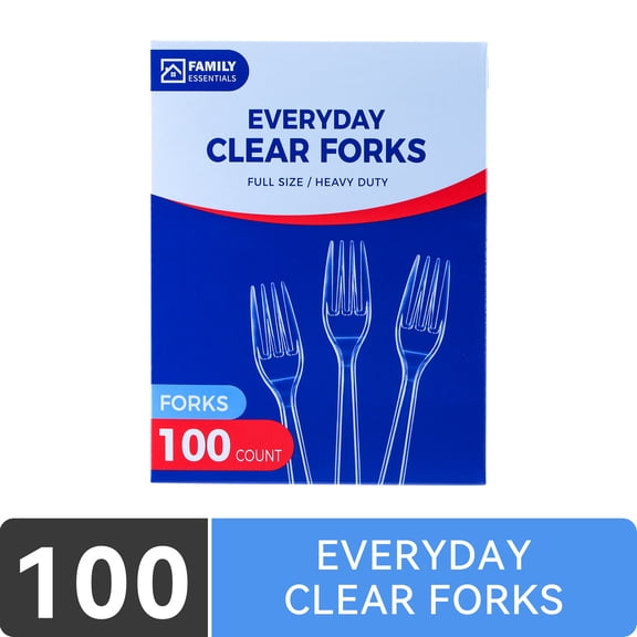 Family Essentials Everyday Clear Plastic Forks, Heavy Duty Full-Size Disposable Forks, 100 Count