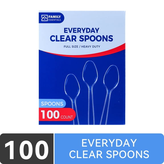 Family Essentials Everyday Clear Plastic Spoons, Heavy Duty Full-Size Disposable Spoons, 100 Count