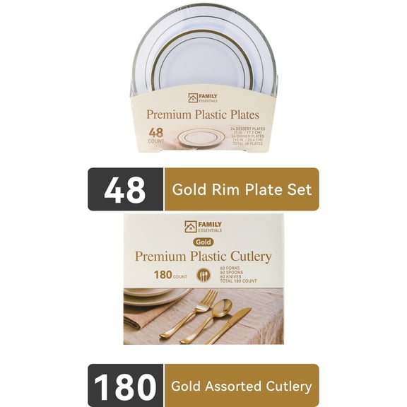 Family Essentials Premium Plastic Plates 48CT & Cutlery 180CT set
