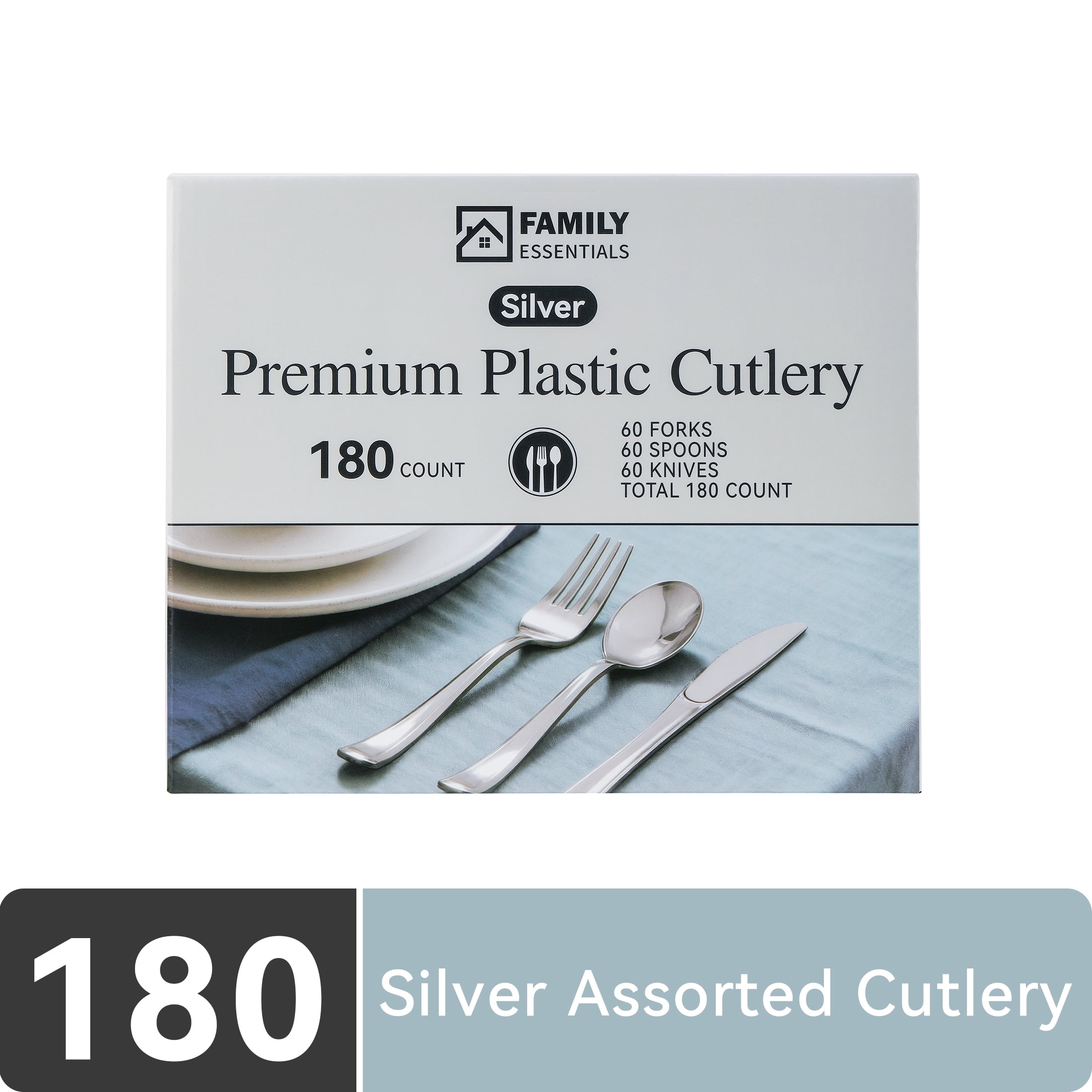 Family Essentials Elegant Silver Disposable Cutlery Set, 180-Piece Heavy Duty Plastic Silverware, Party Utensils for Weddings & Events, 60 Forks 60 Knives 60 Spoons, BPA-Free