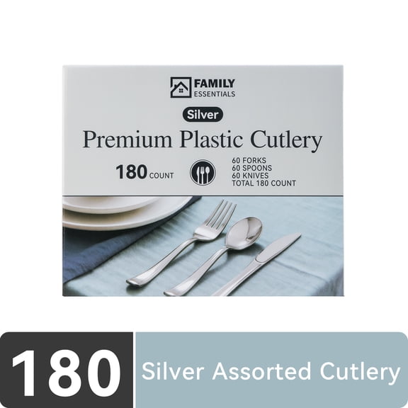 Family Essentials Elegant Silver Disposable Cutlery Set, 180-Piece Heavy Duty Plastic Silverware, Party Utensils for Weddings & Events, 60 Forks 60 Knives 60 Spoons, BPA-Free