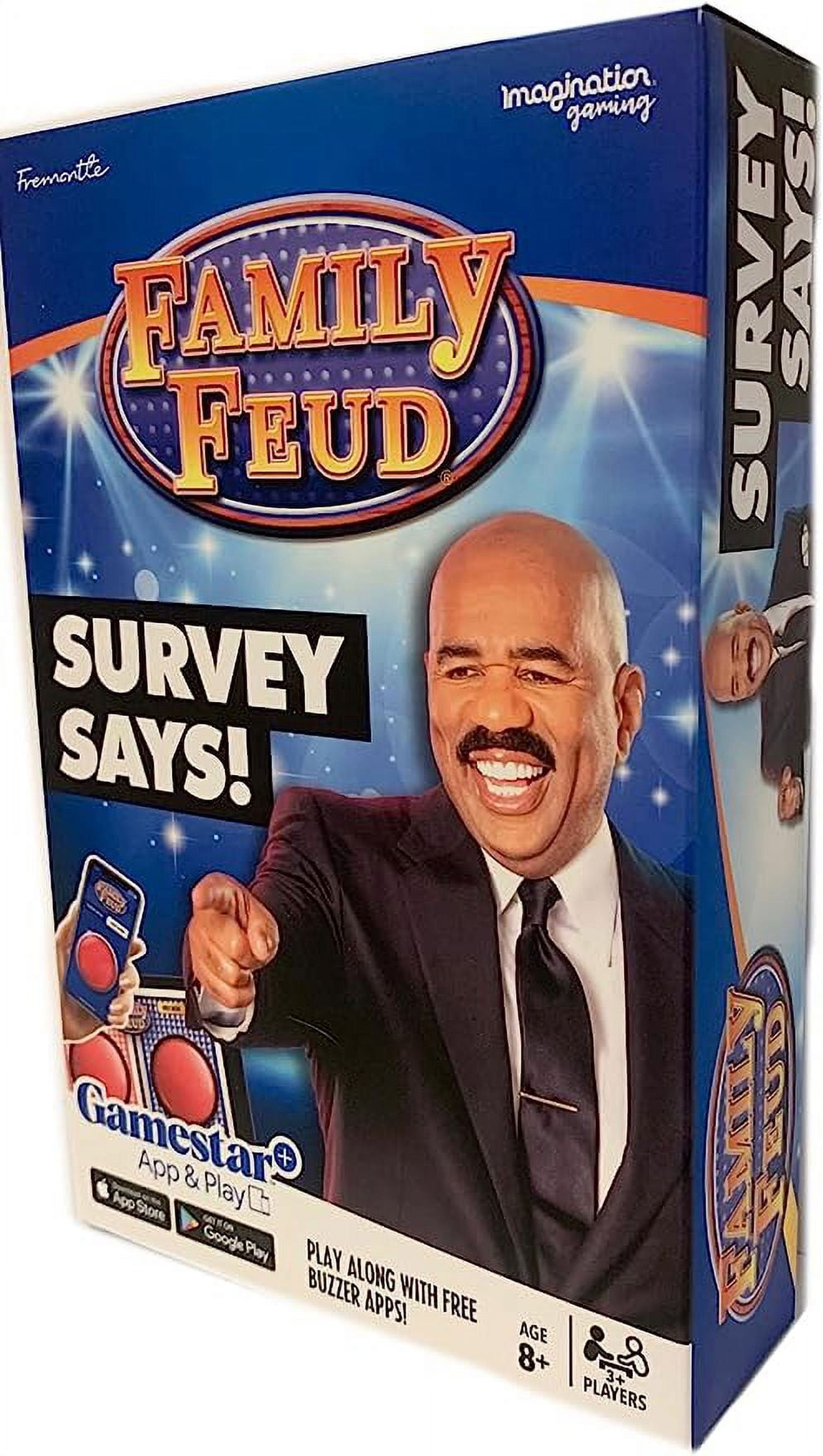 Family FEUD Survey Says Edition Card Game, Steve Sticker Bundle, Complete with Hundreds of Survey Questions, Complementary App with Sound Effects from The Show