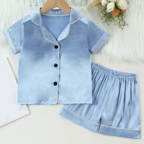 Family Feeling Boy Girl Pajamas Sets 2-piece Solid Short Sleeve Button Down Tops Pant Toddler Pjs for Kids Girls 7-8 Years