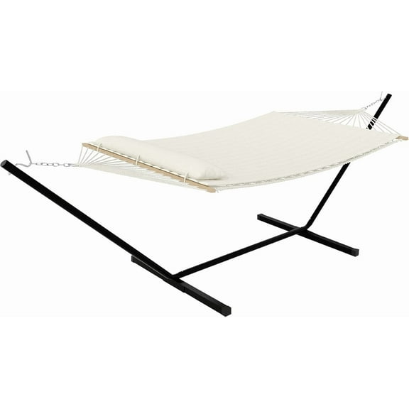 Family-Friendly Double Hammock with Stand – 475 Lbs Capacity, Safe & Durable Cotton Rope Design with Detachable Pad – Perfect for Backyard, Camping, Kids & Pets, Beige