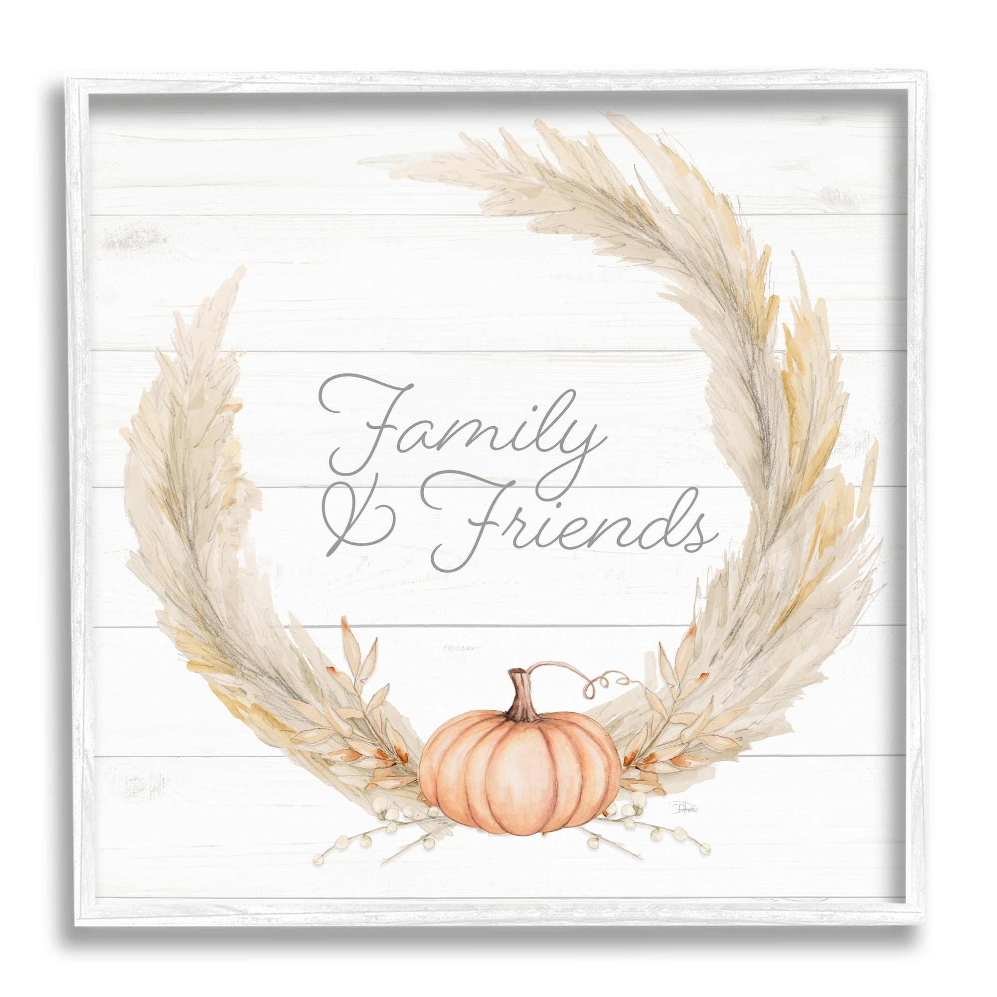 Family & Friends Autumn Farmhouse Wheat Pumpkin Wreath Inspirational Graphic Art Framed Art Print Wall Art