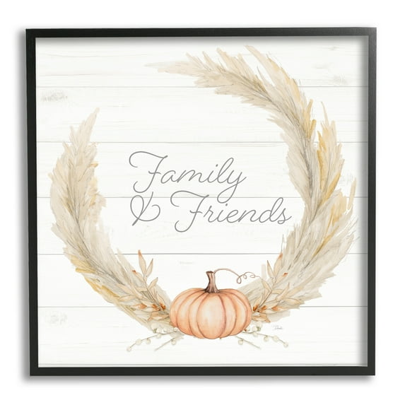Family & Friends Autumn Farmhouse Wheat Pumpkin Wreath Inspirational Graphic Art Framed Art Print Wall Art