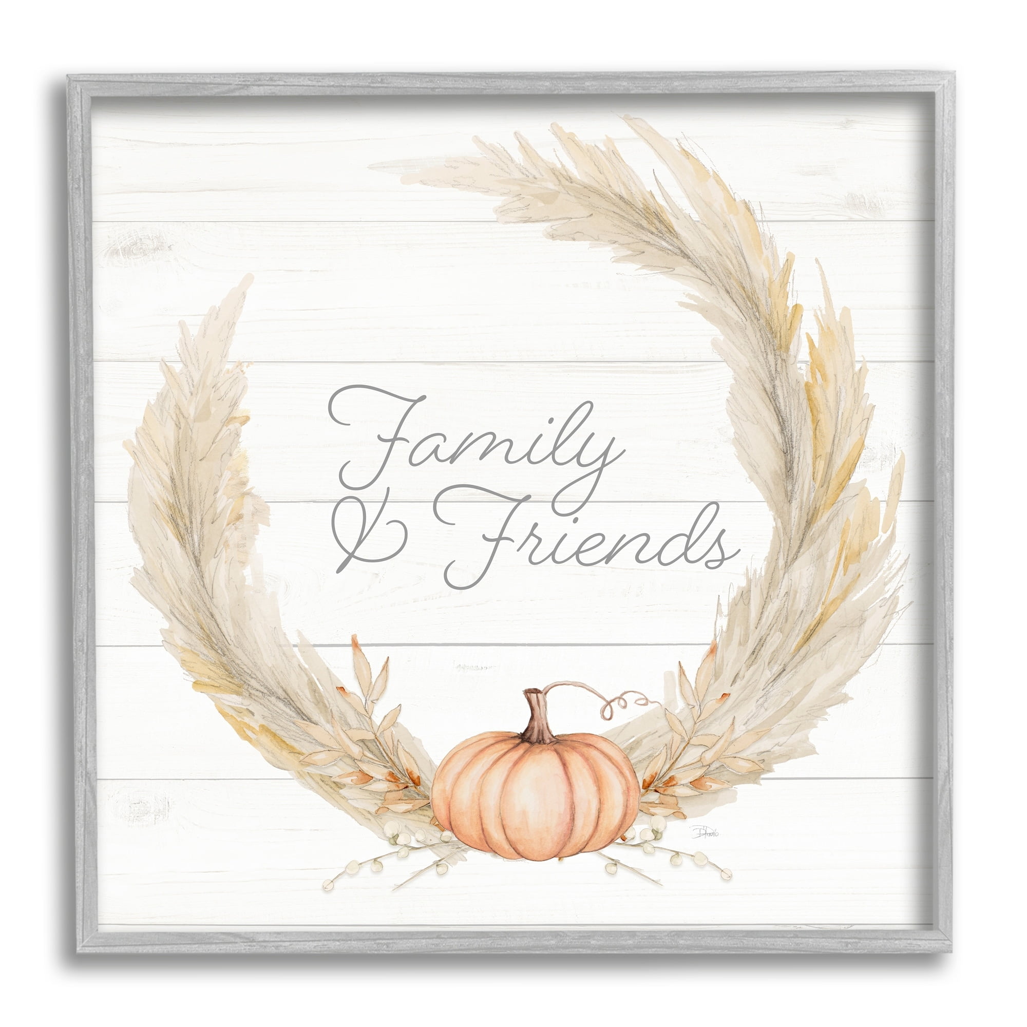 Family & Friends Autumn Farmhouse Wheat Pumpkin Wreath Inspirational Graphic Art Framed Art Print Wall Art