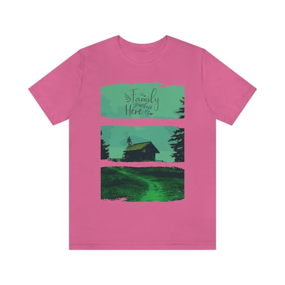 Family Gathers Here Farmhouse Style Design Unisex Jersey Short Sleeve Tee