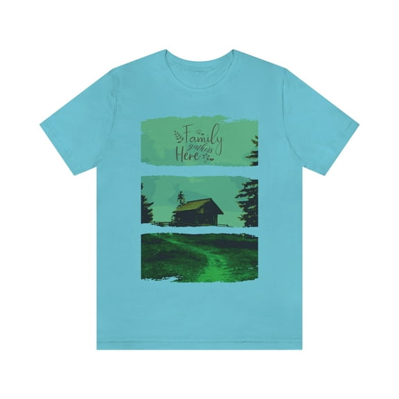 Family Gathers Here Farmhouse Style Design Unisex Jersey Short Sleeve Tee