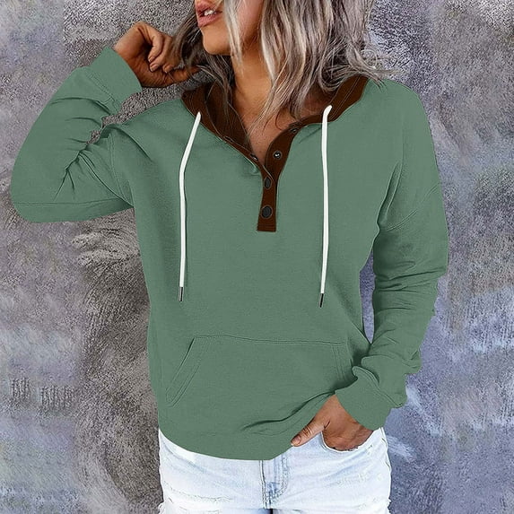 Family Gifts Hoodies for Women Drawstring Hooded Sweatshirts Women's Contrasting Button Hat Rope Hooded Pocket Pullover Fashionable Sweatshirts