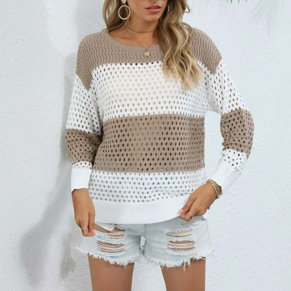 Family Gifts Ofreoo Women Casual Fashion Color Matching Pullover Long Sleeve Round-Neck Sweater Oversized Sweatshirt for Women