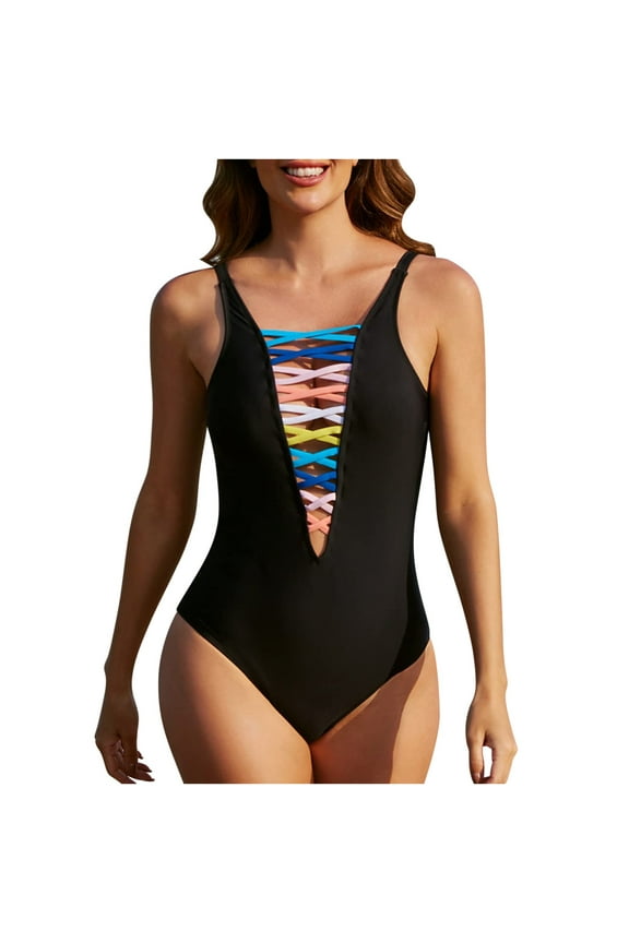 Family Gifts Women Bikini Print Strappy Back Set One-Piece Swimsuits Plus Size Bathing Suits Tankinis Swimwear Black, L