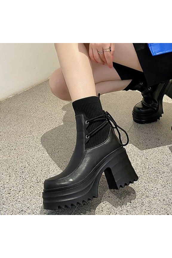 Family Gifts Women's Elastic Chelsea Boots Women Fashionable And Casual Versatile British Style Sponge Cake Thick Soled Knitted Strap Boots Black 38