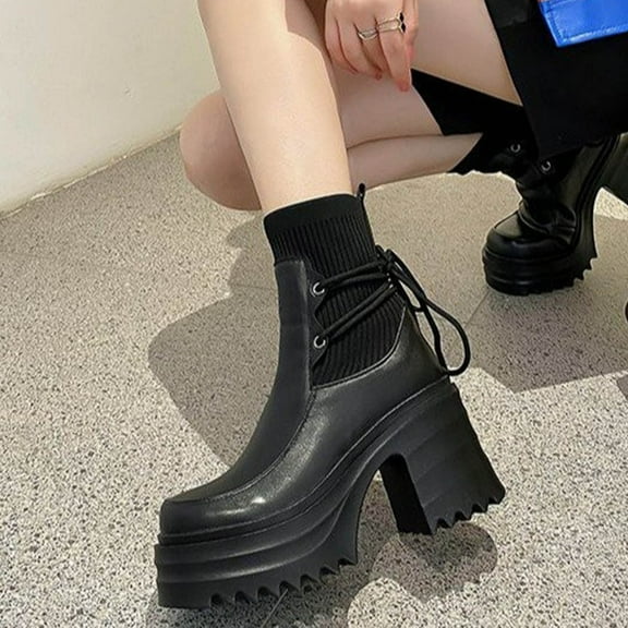 Family Gifts Women's Elastic Chelsea Boots Women Fashionable And Casual Versatile British Style Sponge Cake Thick Soled Knitted Strap Boots Black 39