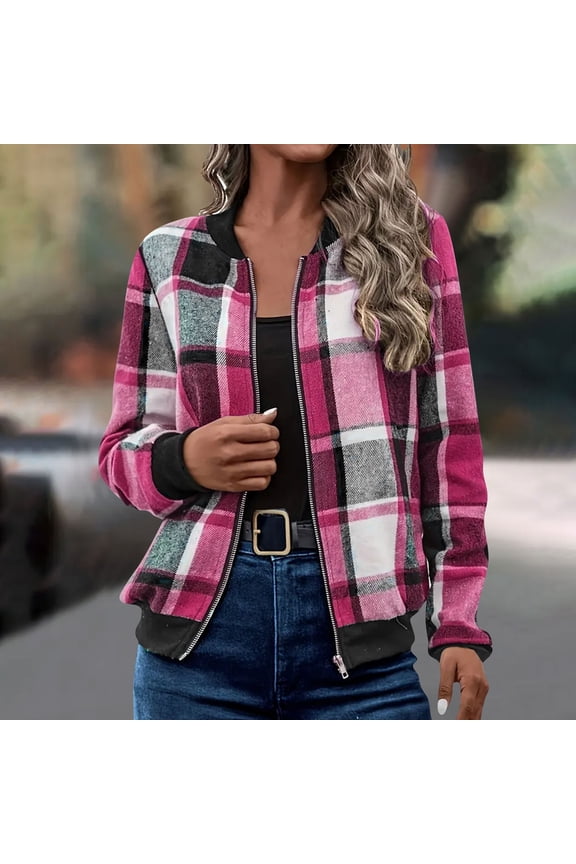Family Gifts Women's Fashion Cropped Flannel Shirt Plaid Shacket Long Sleeve Button Down Jackets Coat Women's Long Sleeve Round Neck Zipper Lightweight Fashion Plaid Jacket Hot Pink L