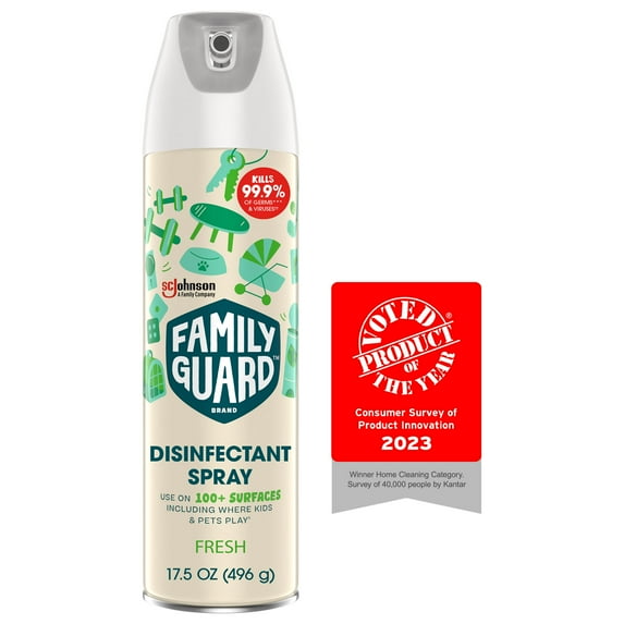 FamilyGuard Brand Disinfe Countant Spray 17.5 oz, Fresh. Disinfe Counts 100+ hard, non-porous surfaces including where kids & pets play.