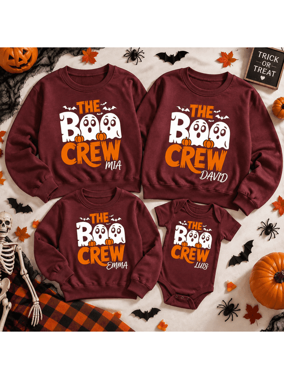 Family Halloween Boo Crew Sweatshirt, Custom Name Ghost Graphic Pullover