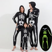 BAOZHU Family Halloween Costumes Glow in Dark Long Sleeve Skeleton Jumpsuit Hoodies Onsies Holiday Outfits for Adult Kids