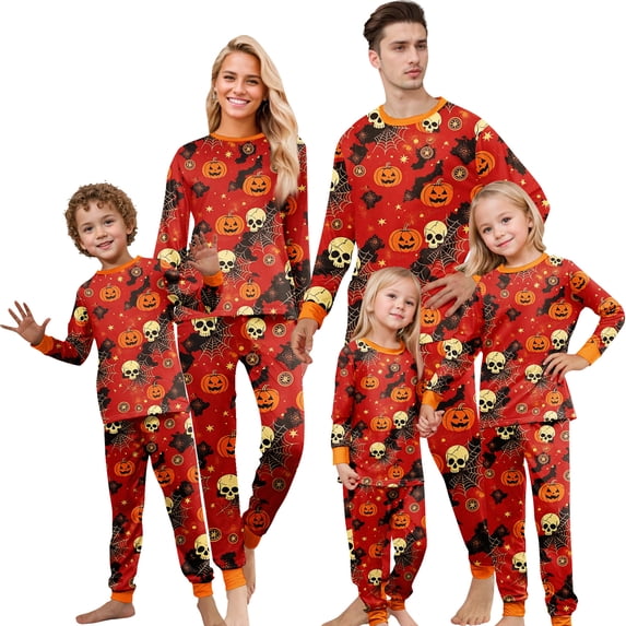 Family Halloween Matching Pajamas Sets, Pumpkin Skeleton Spider Web Print Red Soft Long Sleeve Top and Long Pants Halloween Pajamas for Family, 2 Piece Holiday Sleepwear Halloween Family Pjs Set