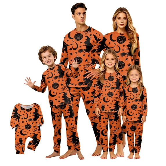 Family Halloween Pajama Set Long Sleeve Crew Neck, Soft Halloween Family Pajamas with Witch Moon Star Print, Magical Matching Halloween Pajamas Sleepwear