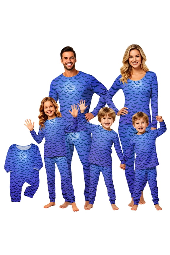 Family Halloween Pajama Set Long Sleeve Crew Neck, Soft Halloween Family Pajamas with All Over Bat Print, Dark Matching Halloween Pajamas for Sleep