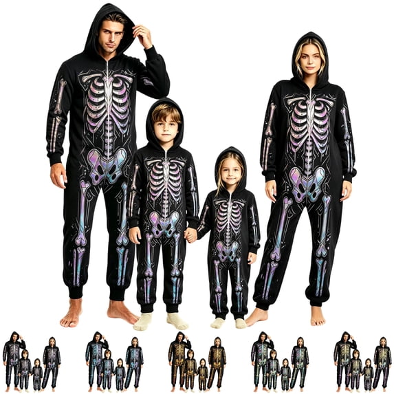 Family Halloween Pajamas Funny Skeleton Onesie Pajamas Hooded Zipper Jumpsuit Bodysuit Pjs Loungewear Holiday Family Pajamas Men