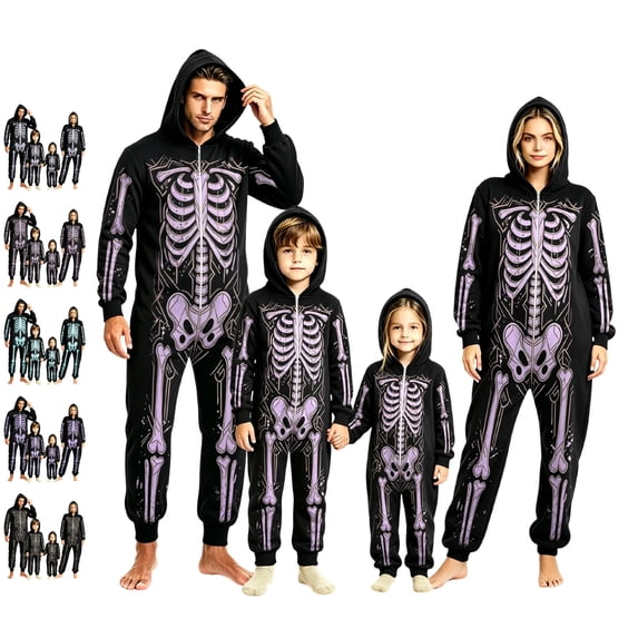 Family Halloween Pajamas Funny Skeleton Onesie Pajamas Hooded Zipper Jumpsuit Bodysuit Pjs Loungewear Holiday Overall Sleepwear