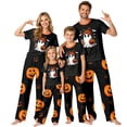 thumbnail image 1 of Family Halloween Pajamas Matching Sets, Black Cute Ghost With Knit Beanie Soft Short Sleeve Top and Long Pants Halloween Pajamas for Family, 2 Piece Holiday Sleepwear Halloween Family Pjs Set, 1 of 7