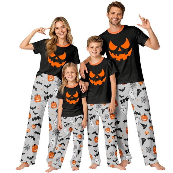 Family Halloween Pajamas Matching Sets, Black Jack‑o‑Lantern Face Soft Short Sleeve Top and Long Pants Halloween Pajamas for Family, 2 Piece Holiday Sleepwear Halloween Family Pjs Set