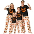 thumbnail image 1 of Family Halloween Pajamas Matching Sets, Black Jack‑o‑Lantern Face Soft Short Sleeve Top and Off‑White Pumpkin Print Long Pants, 2 Piece Holiday Sleepwear Halloween Family Pjs Set, 1 of 7